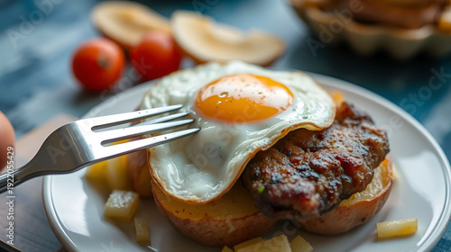 potatoes with meat pork and fried egg breakfast eating with fork close-up shooting