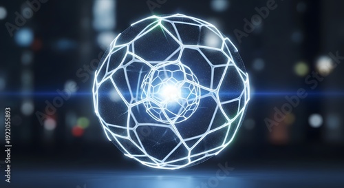 Abstract glowing sphere with intricate geometric network structure, representing technology, data, or global connections against a blurred city background.