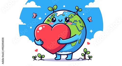Cute Earth character holding heart with love and care