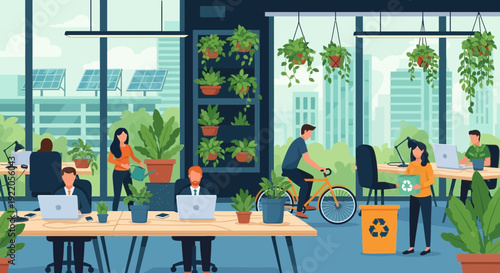 Eco-friendly office with people working and plants everywhere