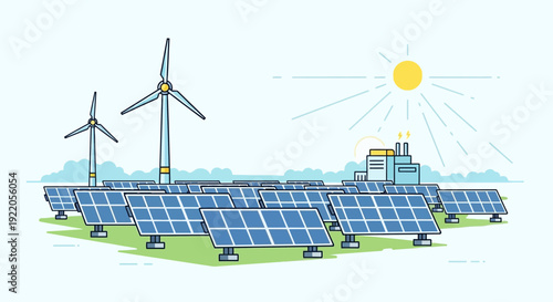 Renewable energy farm with solar panels and wind turbines