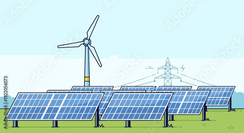 Renewable energy farm with solar panels and wind turbine