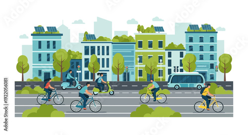People cycling and commuting in eco-friendly city with solar panels on buildings