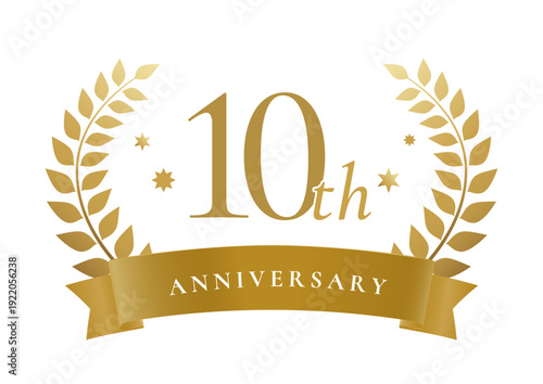 10周年アニバーサリーゴールドエンブレム（リボン・月桂冠・記念ロゴベクター）