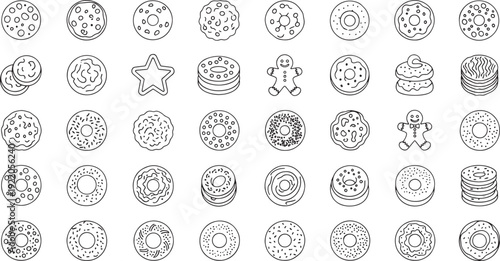 Black and white line of various cookies and donuts gingerbread man star cookie stack of cookies