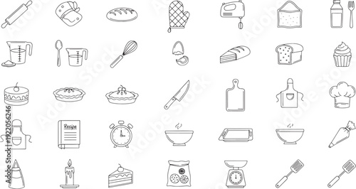 Black and white line of baking ingredients and tools cooking kitchen food