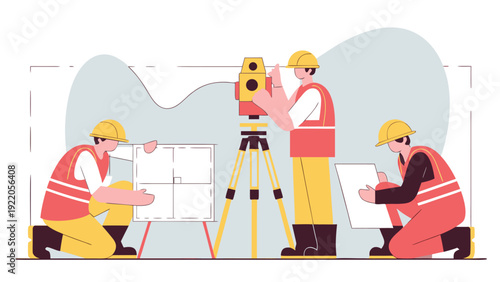 Three male construction workers in safety vests and hard hats operating a total station and examining blueprints.