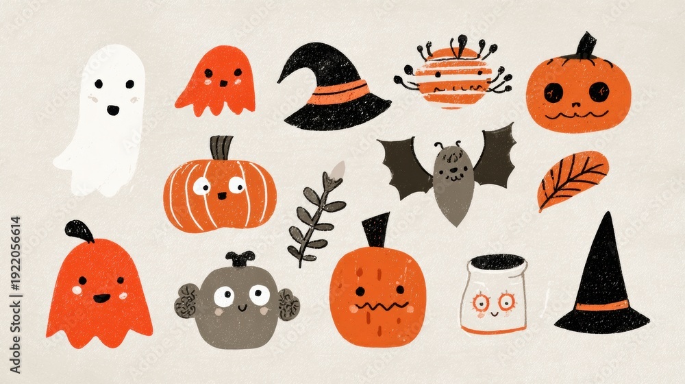 Obraz premium Collection of Cute Hand Drawn Halloween Characters for Party Invitations, Greeting Cards, and Social Media Posts