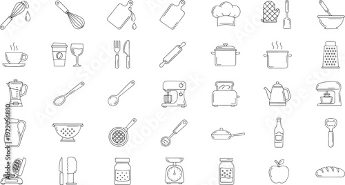 Collection of black and white line kitchen utensils and food cooking line black and white