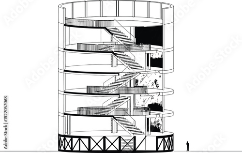Hand Drawn Architectural Section of a Modern Circular Building Featuring Central Staircase Multiple Levels Detailed Structural Elements and Human Scale Silhouette