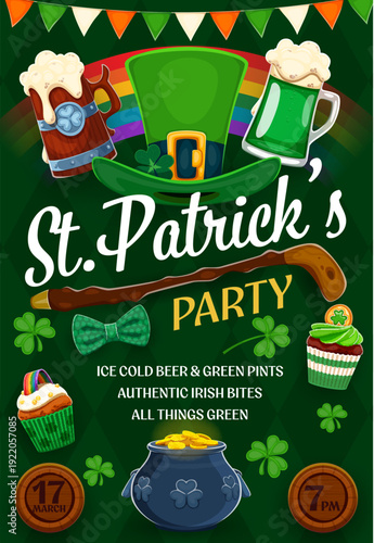 Happy Saint Patrick's Day party flyer for Irish holiday event, vector poster. St Patrick party flyer and invitation with leprechaun hat and shamrock clovers, green ale beer pint and gold coins pot