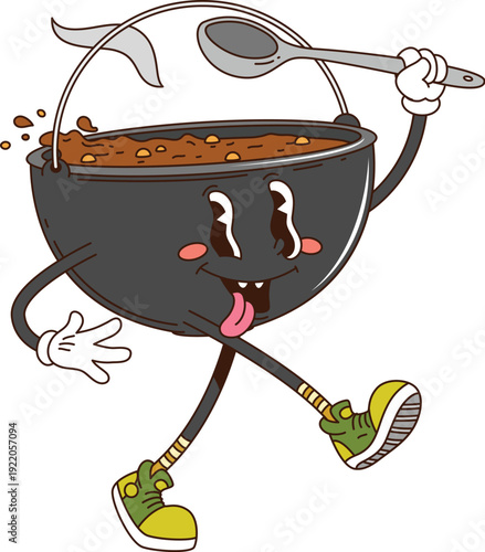 Cartoon groovy camping cooking pot funky character with funny face, vector travel object. Groovy camping pot cauldron character with silly tongue out or freaky smile and cooking food with ladle spoon