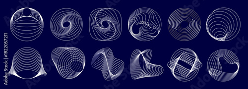 Geometric line round wave spiral vector shapes. Abstract geometric white line shapes in circular and spiral forms with smooth contours. Distortion and fluid wave movement, optical illusion