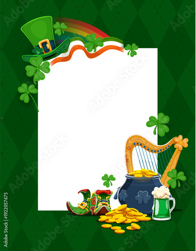 Happy Saint Patrick's Day festive banner with leprechaun gold coins pot, vector greeting card. Shamrock clovers, Irish flag and rainbow with celtic harp and green beer for St Patrick frame banner