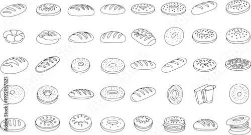 Collection of line bread loaves and bagels in various styles loaf baked goods bakery