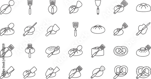 Collection of line depicting baking utensils and baked goods cooking kitchen spatula
