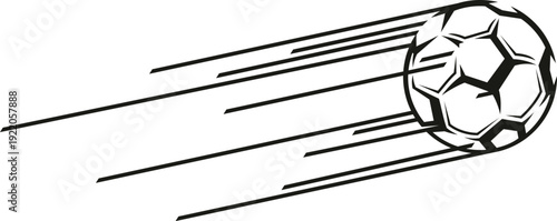 Football game flying ball motion trail element. Soccer ball long motion graphic element, football hit speed movement monochrome vector symbol. Sport game kick shoot black sign or sport club emblem