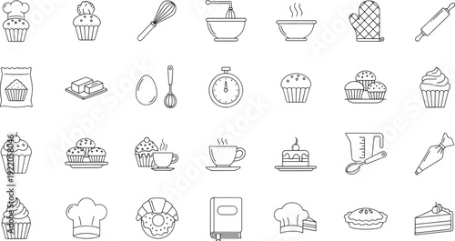 Collection of line for baking and cooking with cupcakes pies and kitchen tools muffin