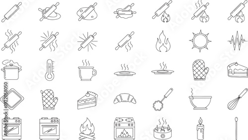 Collection of line for baking cooking and kitchen related rolling pin dough
