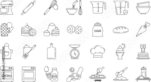 Collection of line representing baking and cooking utensils and food kitchen
