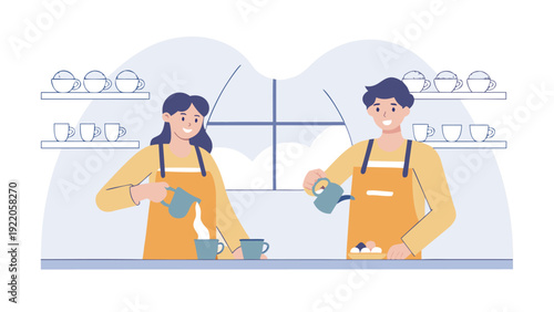 Young male and female baristas in aprons prepare hot beverages at a counter in a coffee shop.
