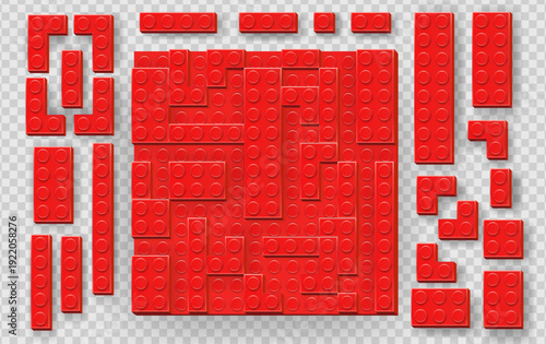 Realistic red plastik constructor parts isolated on transparent background. Play and build concept. Vector illustration