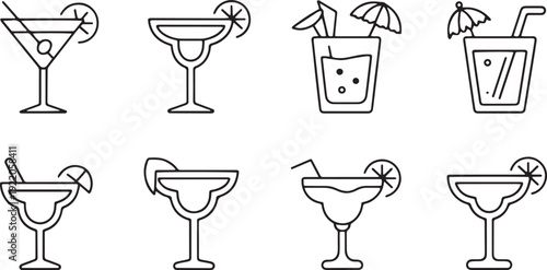 Margarita Cocktail Icon Set Vector Illustration – Line and Flat Glass Symbols for Bar, Party and Beverage Menu Design
