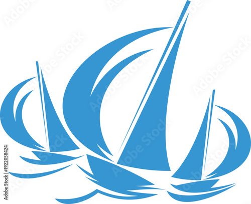 Yachting sport icon, three racing sailboats in motion. Vector regatta club emblem with blue sail boats on sea waves. Marine label, symbol of teamwork, ocean adventure, nautical competition and travel
