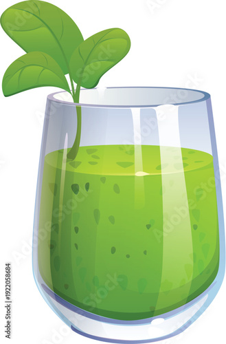 Cartoon vector glass filled with green smoothie garnished with spinach leaves. Fresh and natural drink blended with vegetables and herbs. Healthy nutrition, diet menu, organic beverage green smoothie
