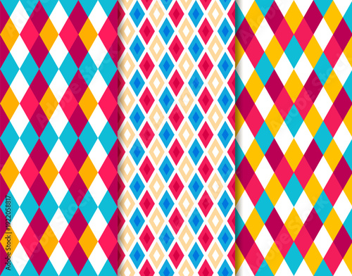Circus lozenge harlequin pattern. Diamond lozenge red, yellow, blue and violet shapes. Circus, carnival festive posters, textile print, party decoration pattern. Vector Oktoberfest seamless pattern