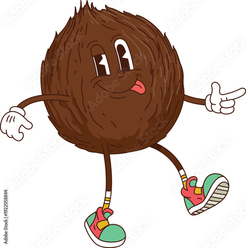 Cartoon funky groovy coconut nut with funny face and silly tongue out smile, vector character. Groovy coconut comic emoji in hipster shoes with freaky emotion and cool gesture for cartoon character