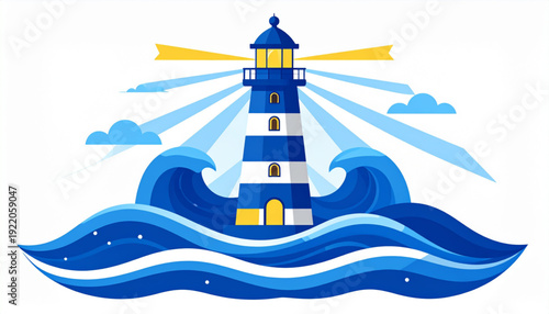 A vibrant illustration of a lighthouse standing on waves against a bright sky isolated on transparent background
