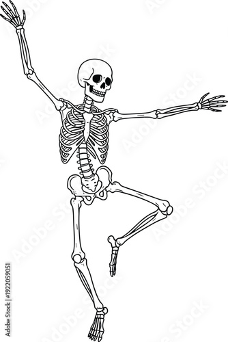 Hand drawn human skeleton illustration dancing in a joyful pose with arms outstretched for Halloween decor and gothic artistic designs