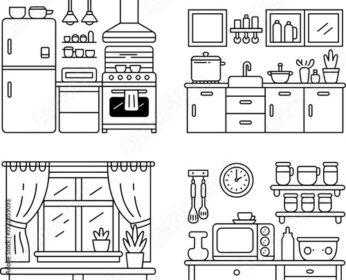 Hand Drawn Kitchen Interior Vector Set Featuring Modern Cabinets Refrigerator Stove Microwave Oven Shelves Window And Cooking Utensils Outline Illustrations