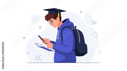 Student with Graduation Cap and Backpack Using Smartphone and Book