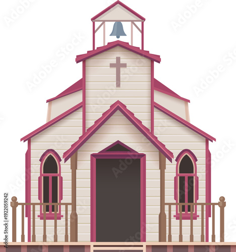 Western town church cartoon building. American Western church wooden construction, Texas ancient architecture vector home porch. USA Wild West town two storey building or US history house facade