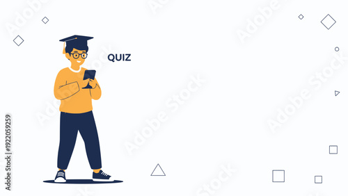 Student with Graduation Cap Playing Quiz Game on Smartphone