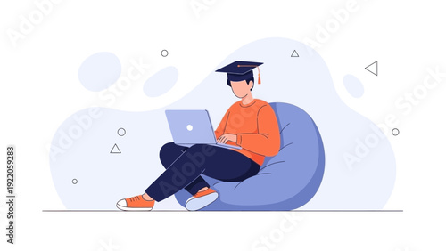 Student with Graduation Cap Using Laptop on Bean Bag, Online Education Concept