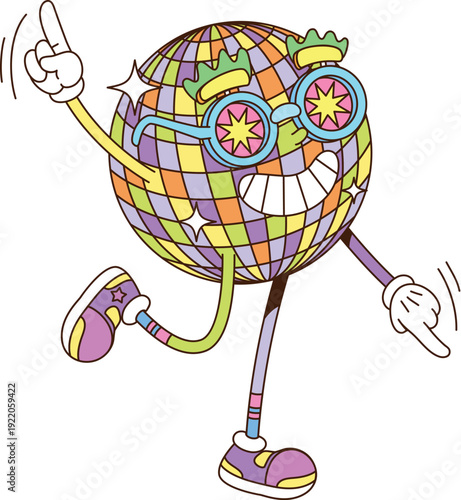 Retro cartoon groovy disco ball vector character celebrating and dancing in bright outfit with funky glasses and sneakers on dance floor, exuding vintage hippie y2k vibe, happiness and celebration