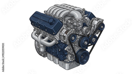 Detailed engine illustration with exposed belt system and intake manifold, automotive engineering cutaway diagram for technical education and mechanic reference