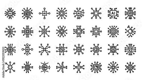 Collection of stylized artificial intelligence microchip icons.