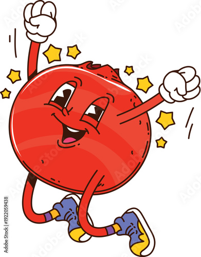 Cartoon groovy cranberry berry character happily jumping with raised arms and stars. Isolated vector red berry fruit retro personage wearing retro hippie sneakers and exuding funky y2k vintage vibes
