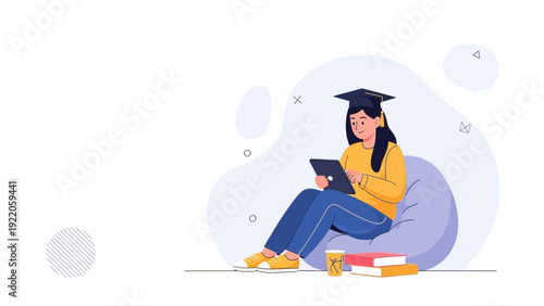 Student with Tablet, Graduation Cap, Books, and Coffee - Online Learning Concept