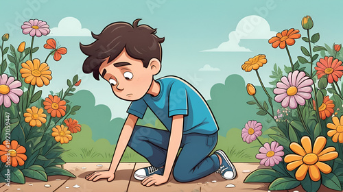 Cartoon illustration of a saddened boy after accidentally knocking over flowers