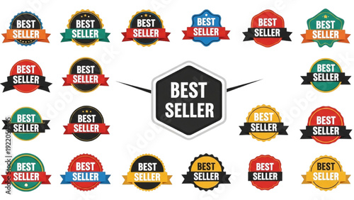 Collection of best seller badges and labels in various designs and colors, vector illustration for marketing and e-commerce promotion