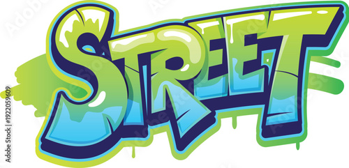 Street Street graffiti, funky paint spray typography. Hip Hop culture airbrush drawing, urban street vector graffiti spray. Street wall tag text or typography with blue and blue, cracked letters