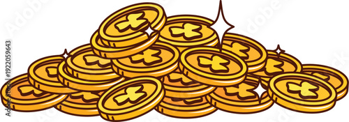 Cartoon groovy golden coins pile with clover leaves for saint Patrick's day. Isolated vector pile of gold coins, yellow shiny money heap, retro symbol of luck. Irish st Patrick day gold of leprechaun