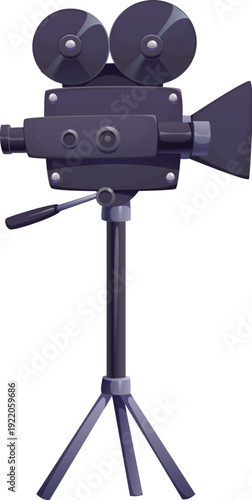Vintage cartoon movie camera with dual reels and crank handle on tripod. Classic retro film camera used in cinema, filmmaking, broadcast and video production. Isolated vector equipment for video arts