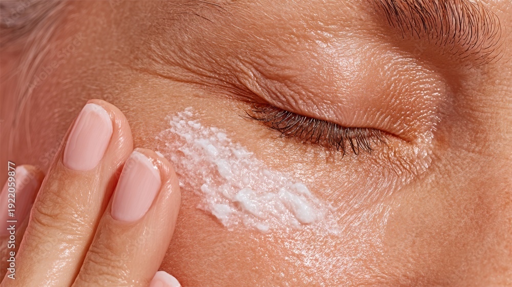 Fototapeta premium Detailed macro of a woman gently massaging rich cream under her eye, highlighting healthy skin texture and self care, ideal for skincare, wellness, and anti aging campaigns.