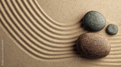 Serene Arrangement of Stones on Smooth Sand Surface with Curves